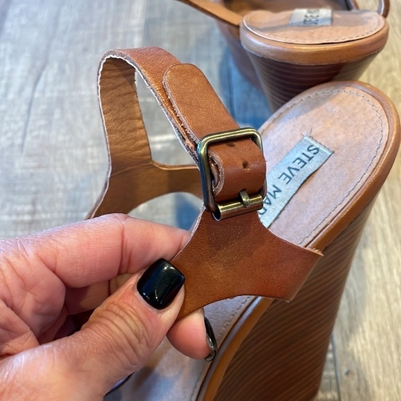 Steve Madden brown leather T strap open toe wood platform sandals size 10 - Picture 9 of 10